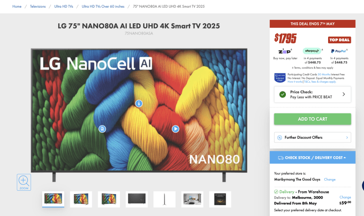 The Good Guys: LG 75″ NANO80A AI LED UHD 4K Smart TV 2025 (75NANO80ASA) – $1785 with Price Beat